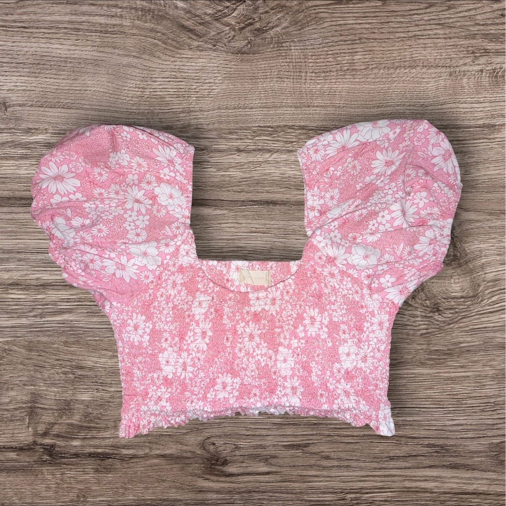 Altard State Floral Smocked Crop Top S Pink Puff Sleeve Cottagecore Boho Urban - Picture 2 of 10
